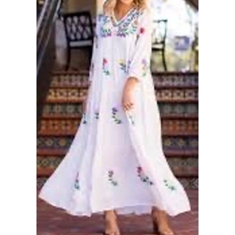 J. Marie Floral Embroidered Maxi Dress Women XS White Excellent Boho Tiered